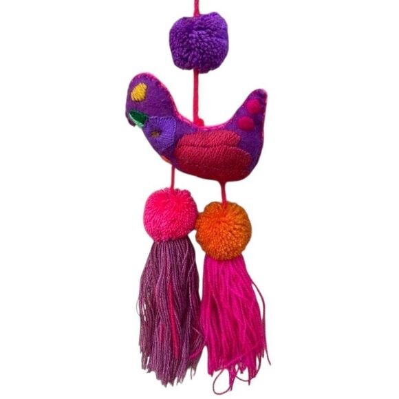 Bird Bag Charm Purple/Pink Pom-Pom Embroidered Mexican Inspired Charm New - Picture 3 of 5